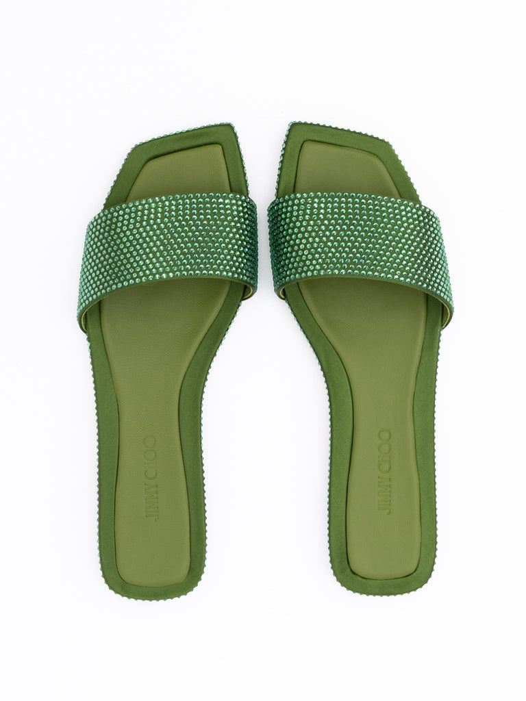 Jimmy Choo Green Satin Crystal Clovis Flat