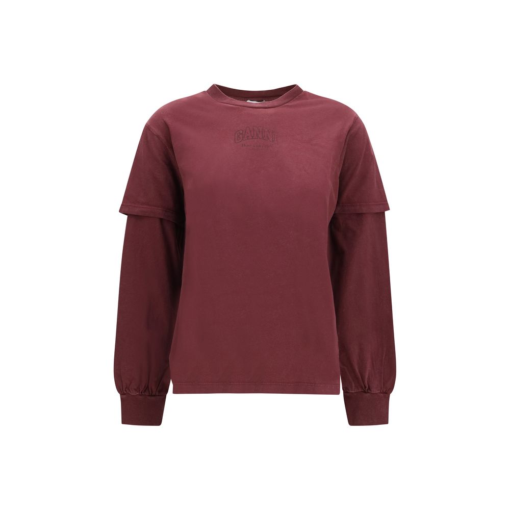 Ganni Bordeaux Cotton Long Sleeve T-Shirt