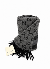 Gucci Monogram Grey Wool Scarf with Fringe
