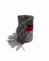 Gucci Monogram Grey Cashmere & Wool Scarf with Red & Black Stripe