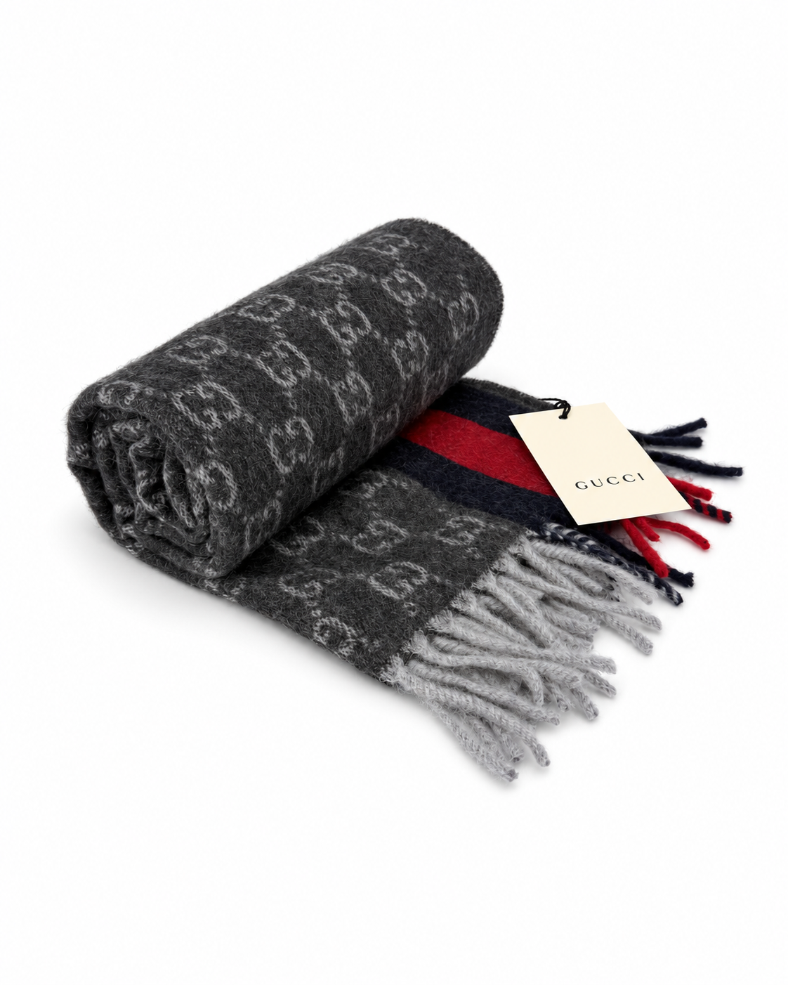 Gucci Monogram Charcoal Grey Cashmere & Wool Scarf with Red & Navy Stripe