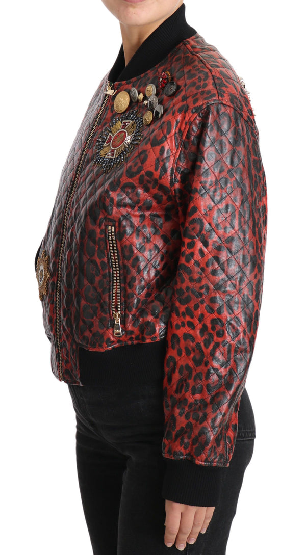 Giacca di pelle bomber rosso leopardo con bottoni di cristallo