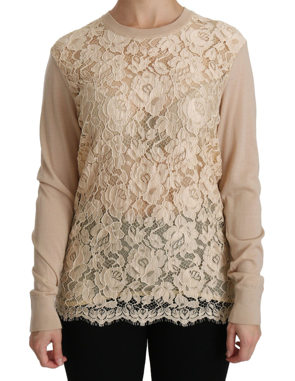 Elegant Beige Lace Crew Neck Cashmere Blouse