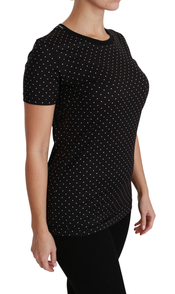 Chic Black Dotted Crewneck Cotton Tee