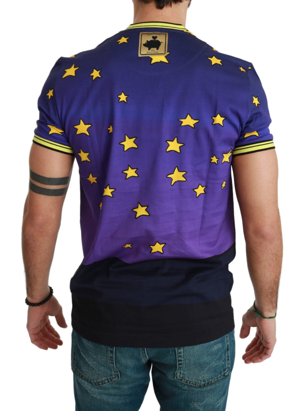 Purple Cotton Round Neck T-Shirt with Pig Motif