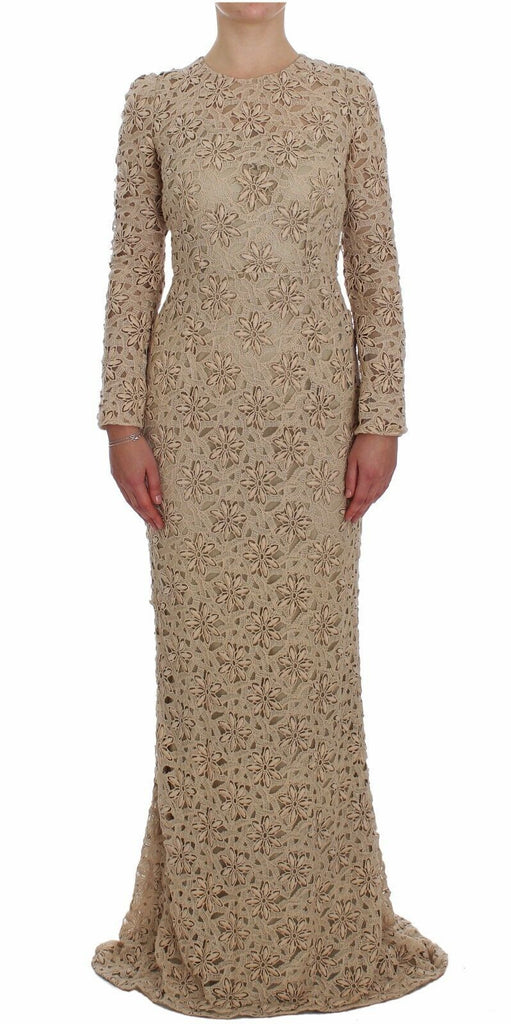 Maxi abito beige in pizzo floreale a maniche lunghe