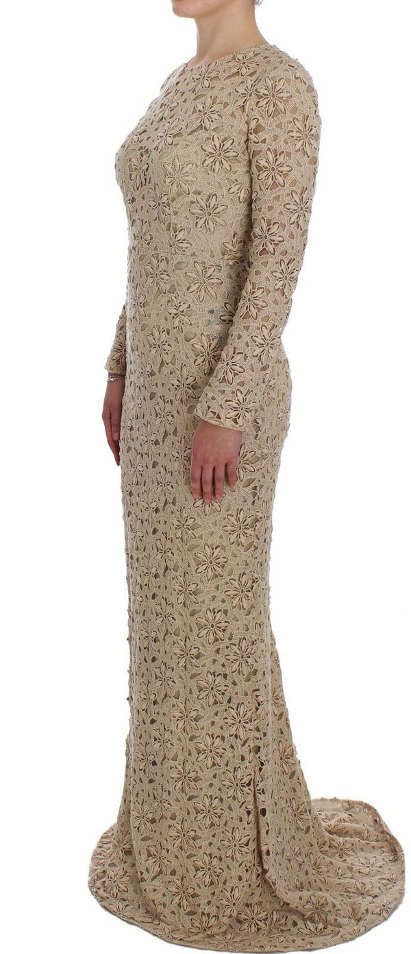 Maxi abito beige in pizzo floreale a maniche lunghe