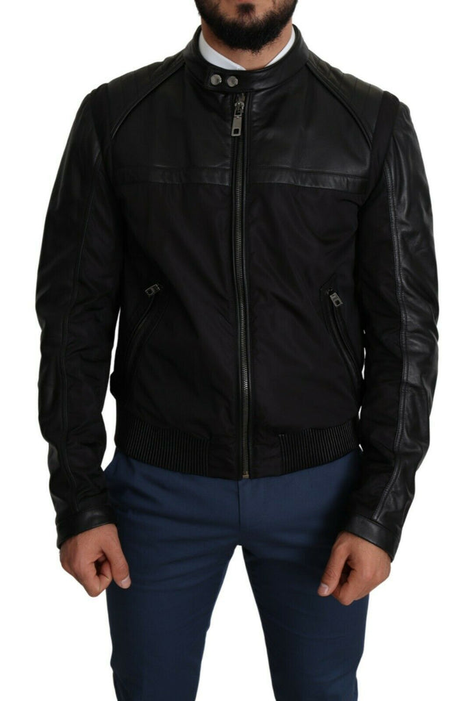 Bomber nero elegante con accenti in pelle