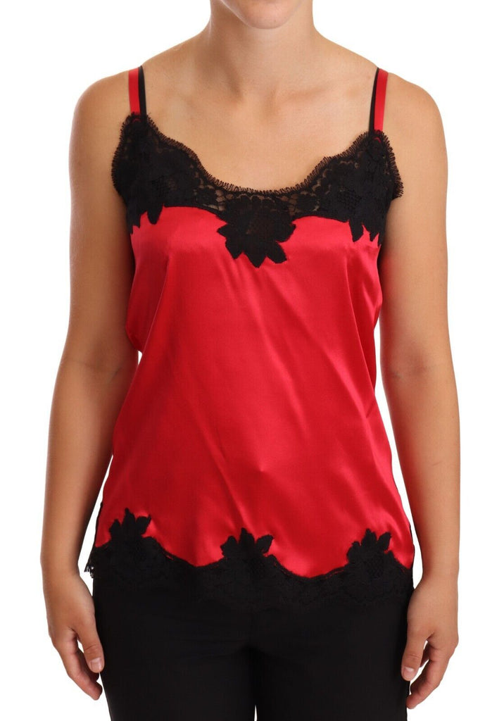 Camisole in misto seta con orlo in pizzo in rosso e nero