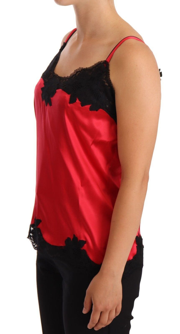 Camisole in misto seta con orlo in pizzo in rosso e nero