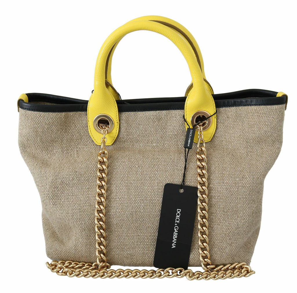 Tote in lino beige con catena d'oro