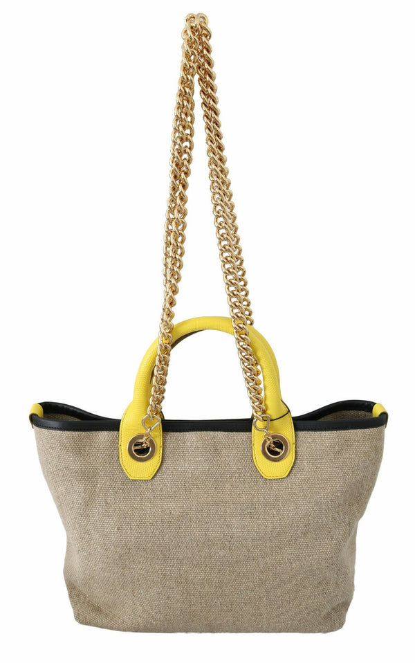 Tote in lino beige con catena d'oro