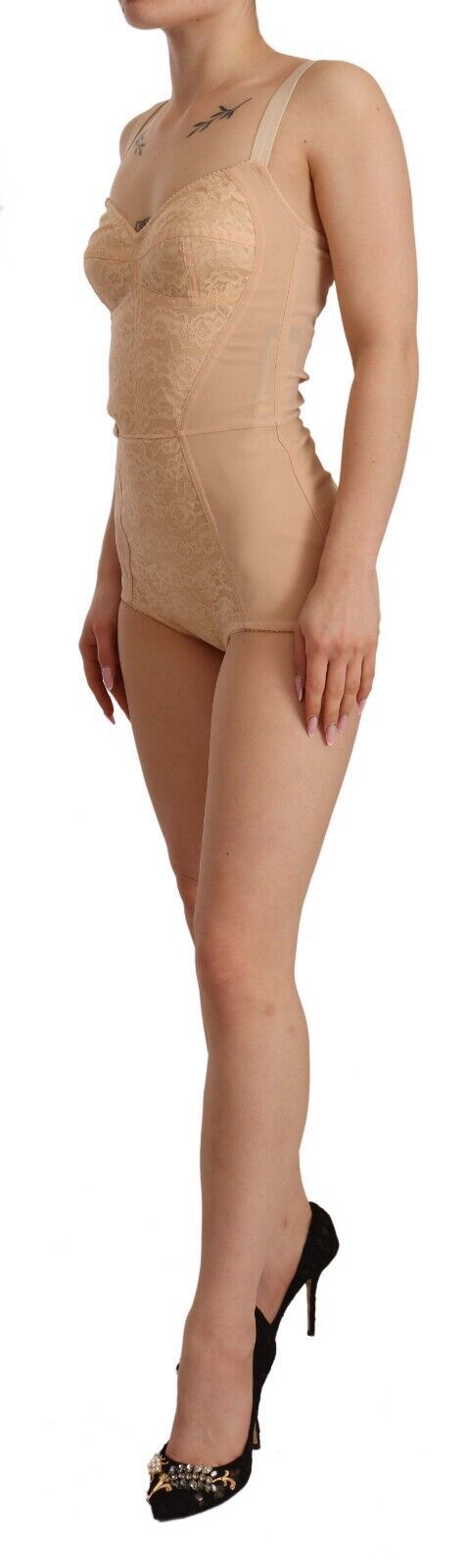 Body stretch con pannello in pizzo beige