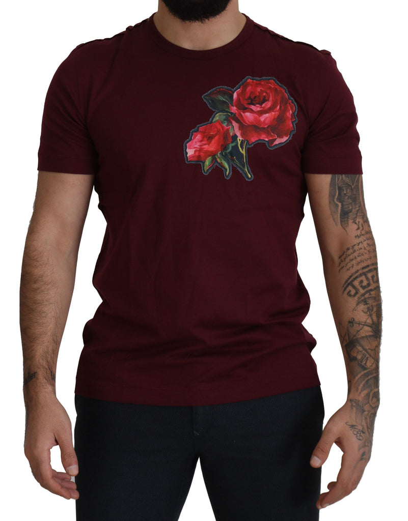 Elegante t-shirt girocollo con motivo di rose bordeaux