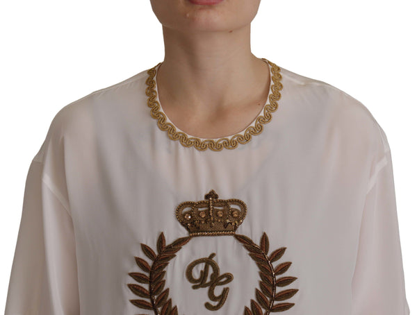 Elegant Silk Blouse with Gold Crown Embroidery