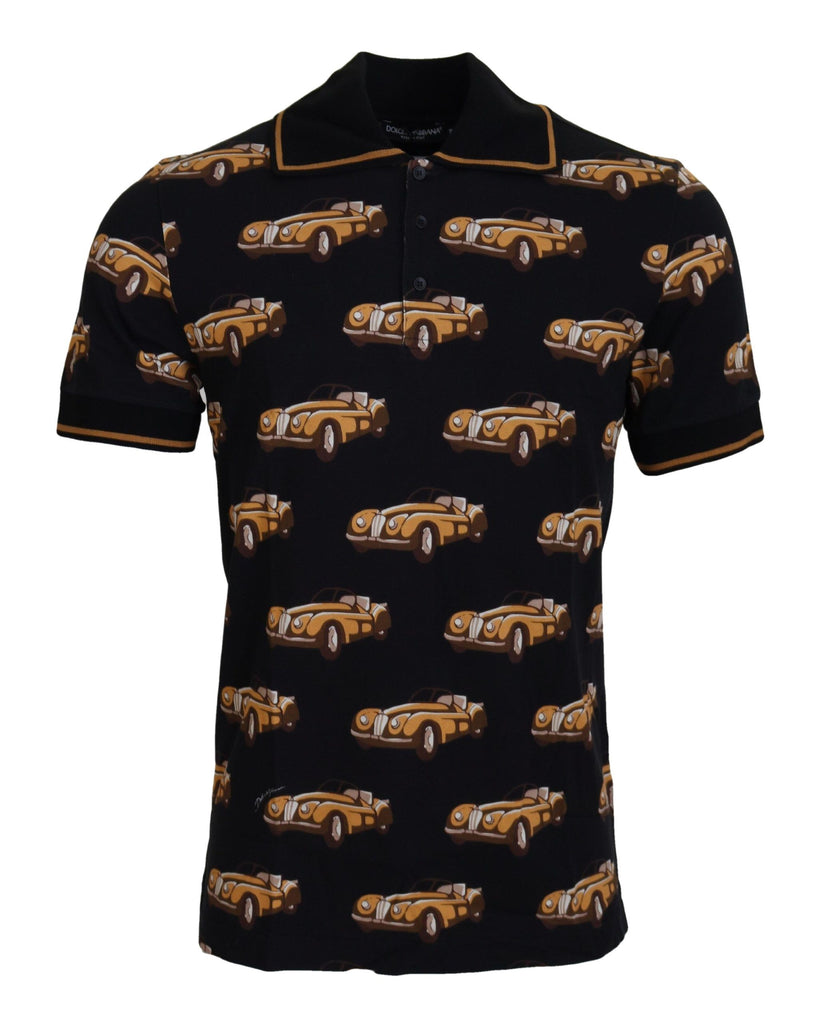 Elegant Car Print Polo T-Shirt in Black