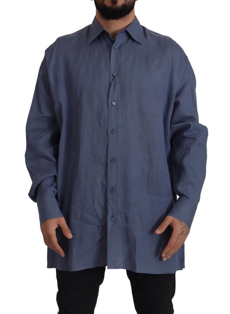 Elegant Dark Blue Linen Dress Shirt