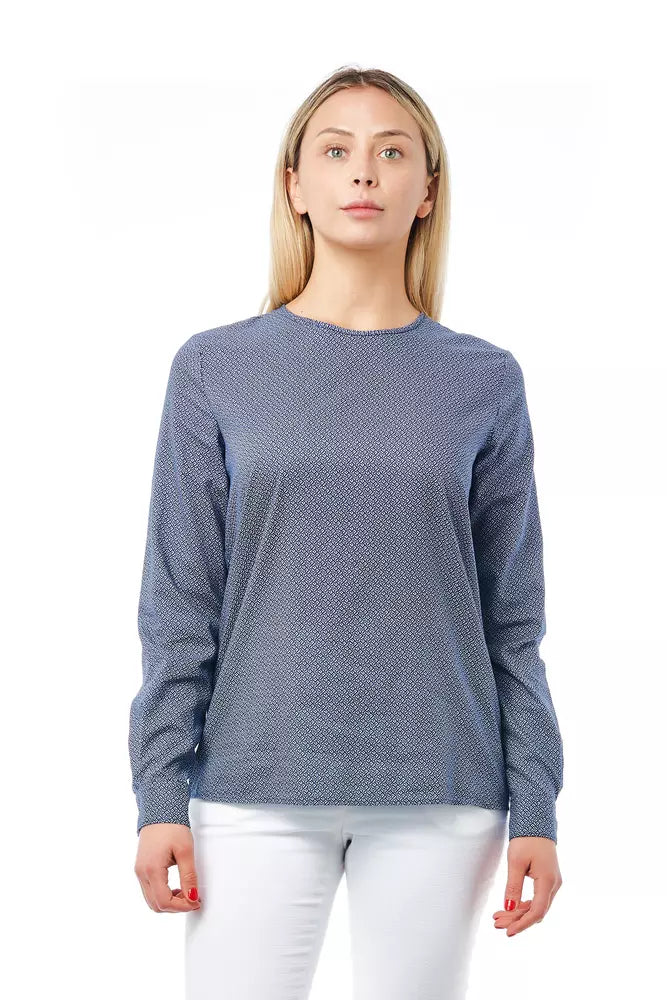 "Camicia da donna in cotone blu con motivo geometrico".