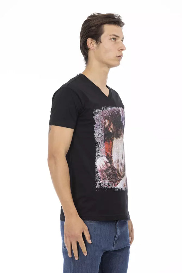 Black Cotton Men's Short Sleeve V-Neck T-Shirt