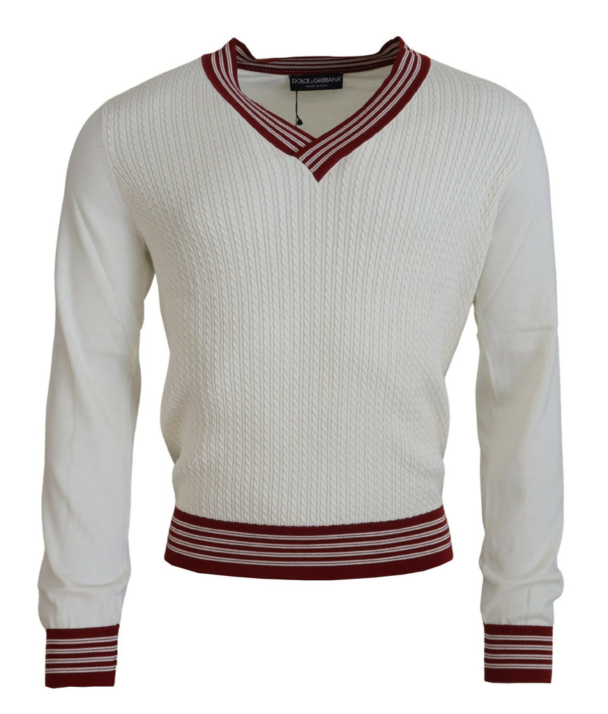 Maglione con scollo a V in seta e cotone bianco sporco