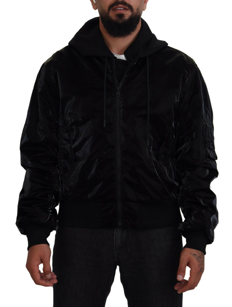 Elegant Black Bomber Hooded Jacket