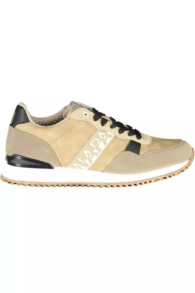 Beige Lace-Up Sports Sneakers with Logo Accent