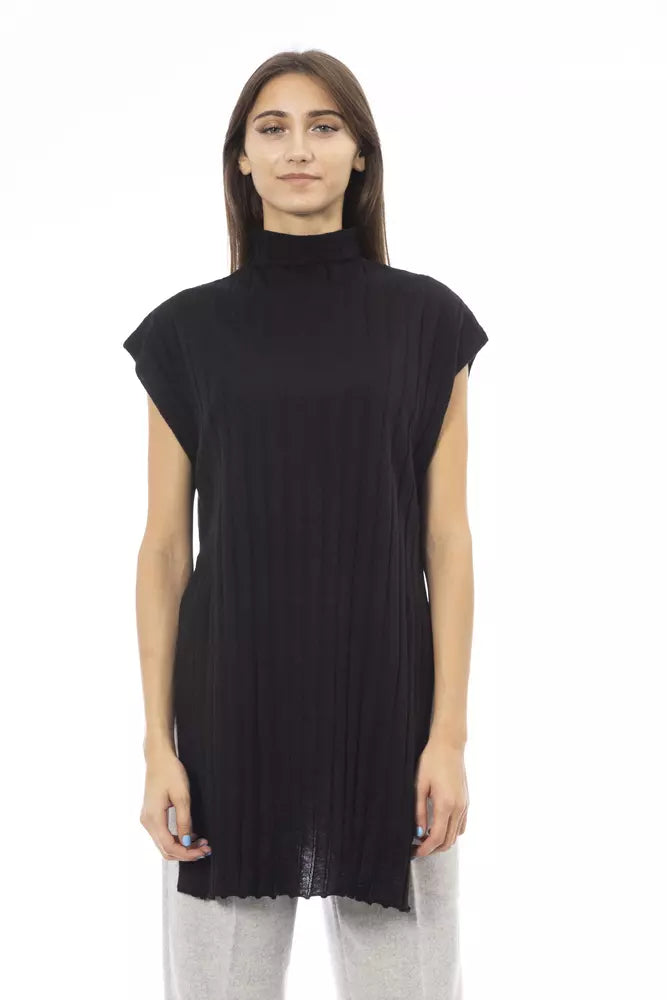 Black Wool Women Sweater with Turtleneck and Side Slits