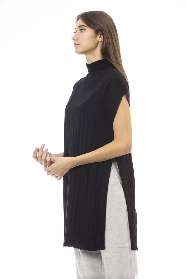 Black Wool Women Sweater with Turtleneck and Side Slits