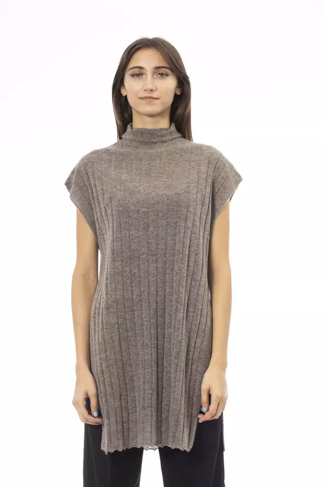 Brown Wool Women Sweater with Side Slits