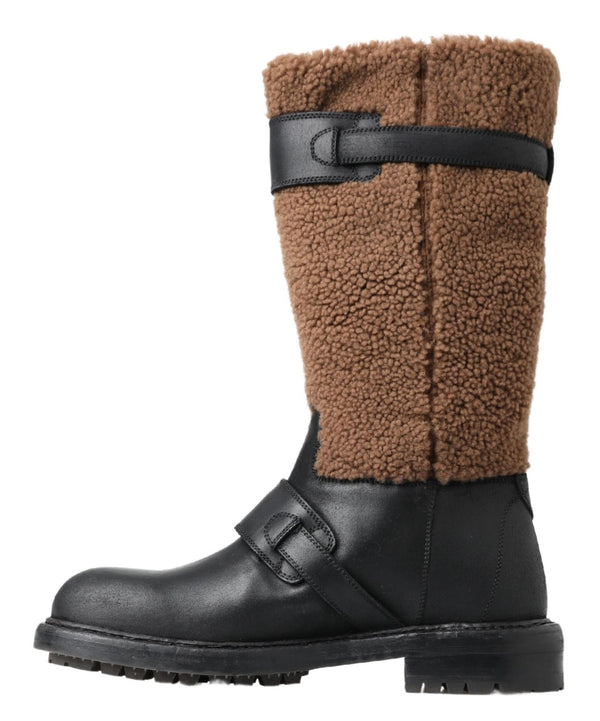 Stivali lunghi in pelle shearling nera