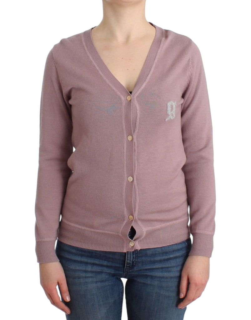 Cardigan rosa chic in lana con scollo a V