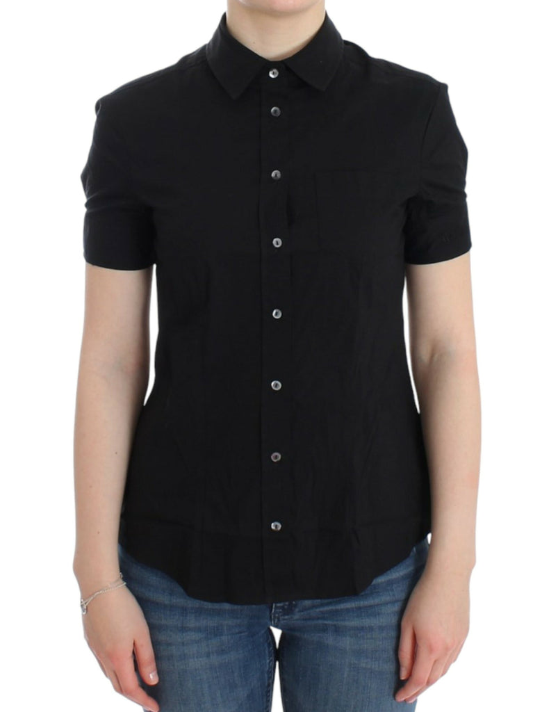 Elegant Black Cotton Stretch Shortsleeve Blouse