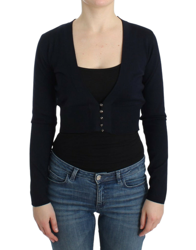 Elegant Black Cropped Virgin Wool Cardigan