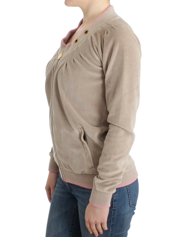 Cardigan beige con zip e inserti in oro