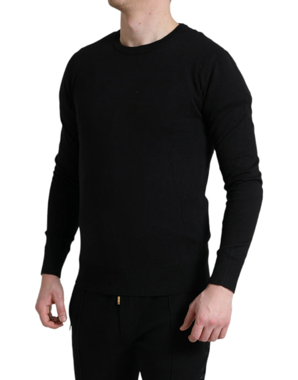 Elegant Black Cotton Crewneck Pullover Sweater