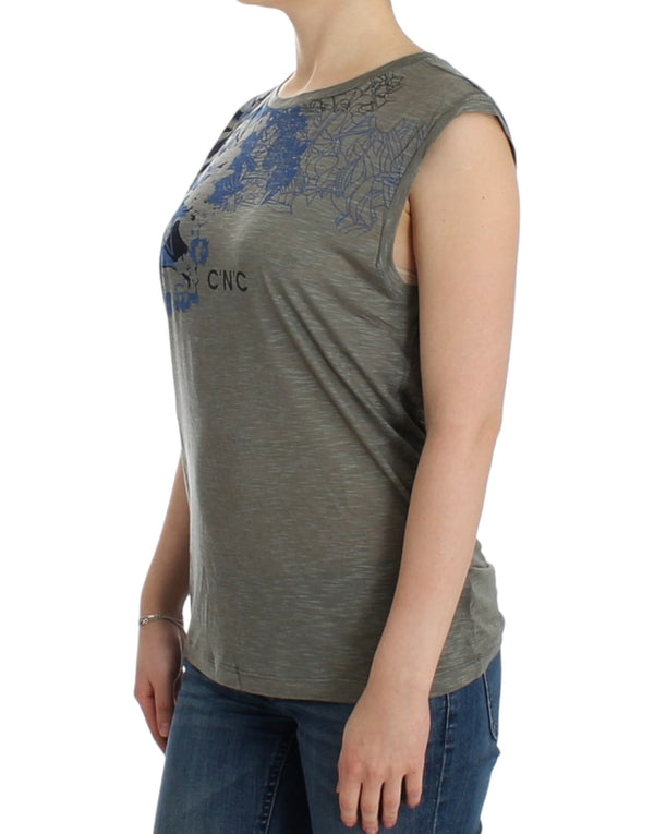 Top chic senza maniche grigio con dettagli blu