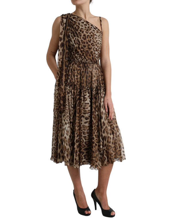 Elegant One-Shoulder Leopard Midi Dress