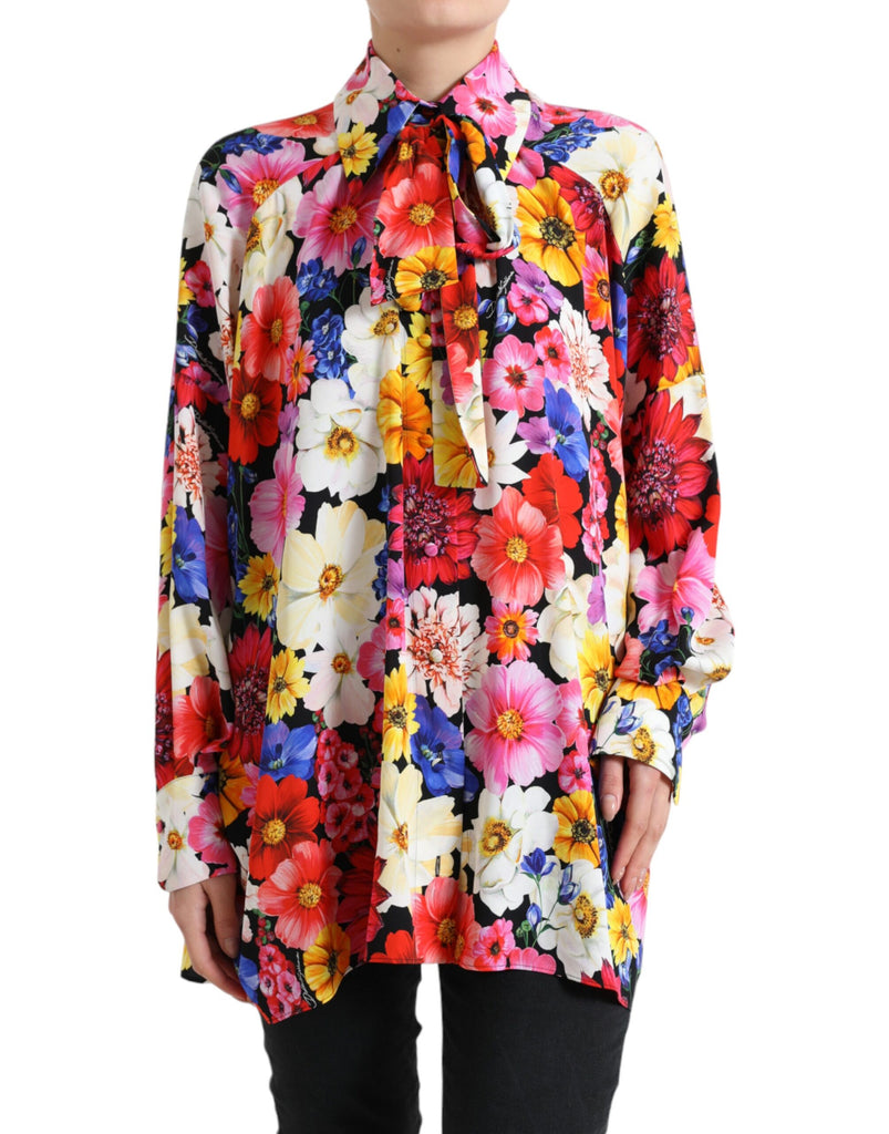 Floral Silk Blouse with Front Tie Fastening