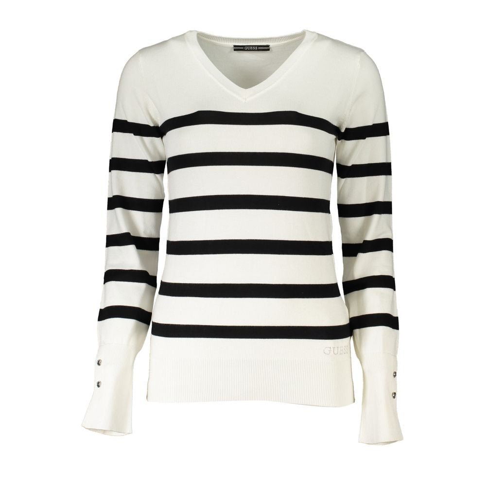 Maglione chic a righe con scollo a V e ricamo del logo