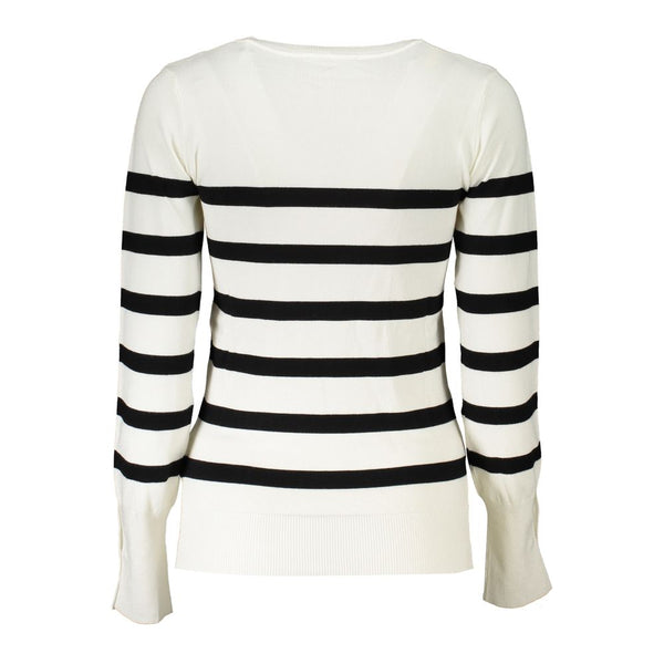 Maglione chic a righe con scollo a V e ricamo del logo