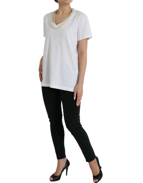 Elegant White Cotton Tee with Necklace Detail