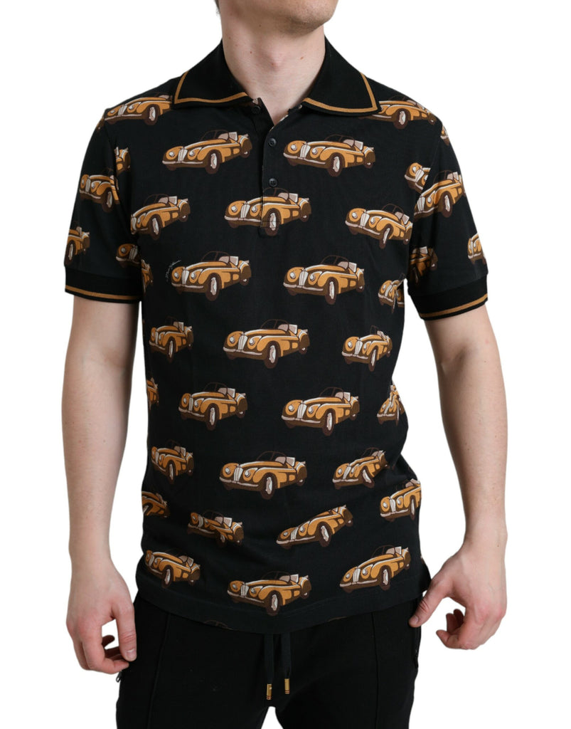 Black Car Print Short Sleeve Polo T-shirt