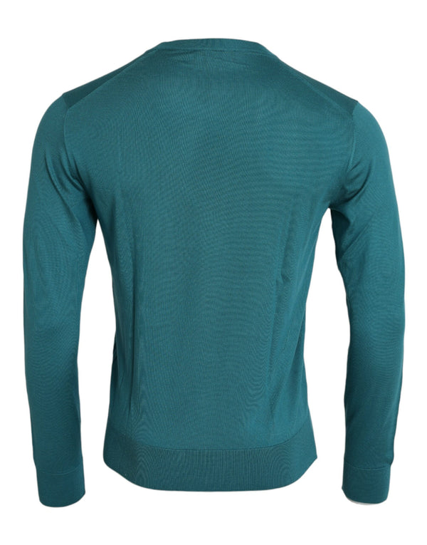 Dark Green Silk Crew Neck Pullover Sweater