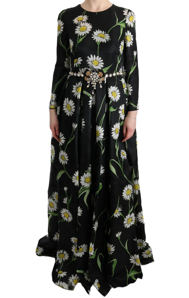 Maxi abito elegante con girasole e cristalli