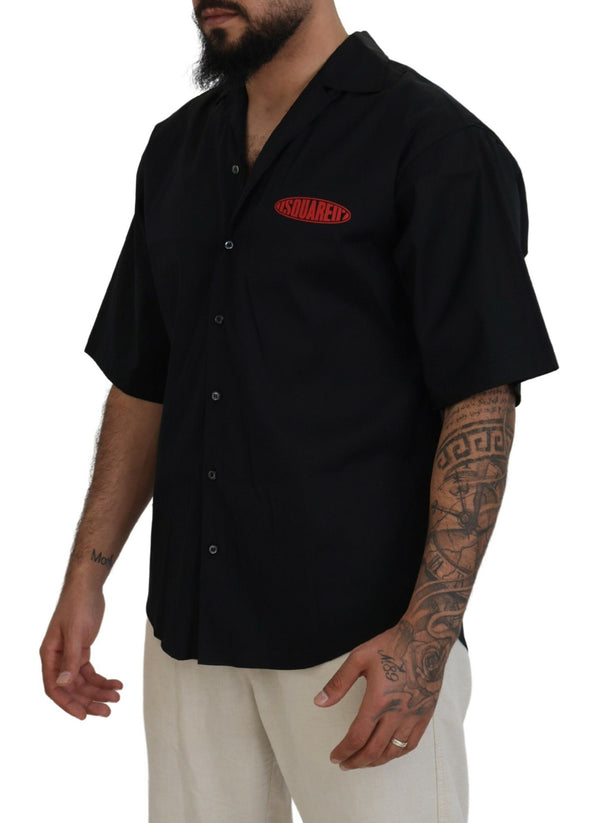 Camicia a maniche corte in cotone nero con stampa logo