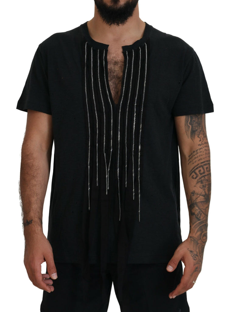 T-shirt a maniche corte in cotone nero impreziosita da catene