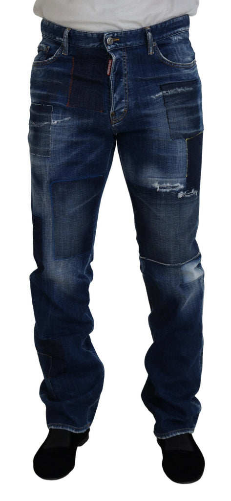 Blue Washed Patchwork Straight Fit Denim Jeans