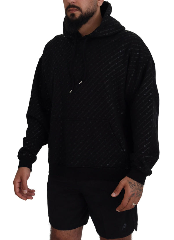 Maglione Pullover da uomo stampato in cotone nero con cappuccio