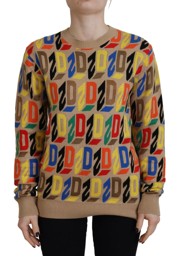 Maglione stampato a girocollo a maniche lunghe in cotone marrone