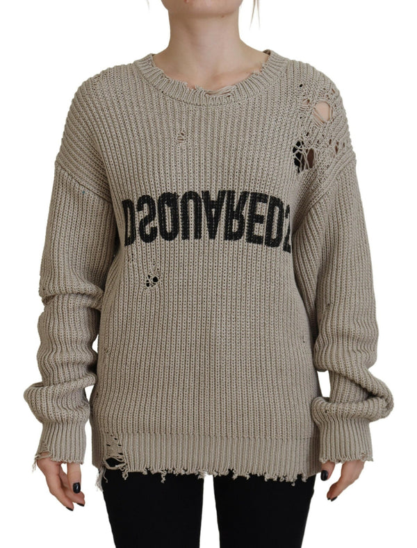 Maglione Pullover beige in cotone lavorato a maglia con collo a giro